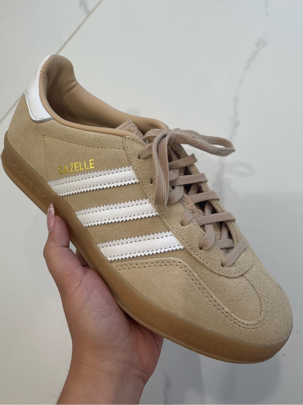 adidas Gazelle Beige Suede Sneakers with White Stripes